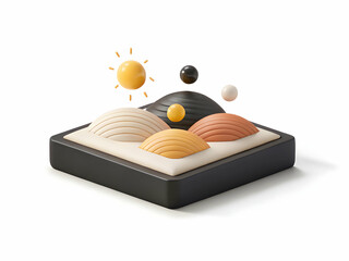 Layered pastel terrain with gradient hills and hovering spheres