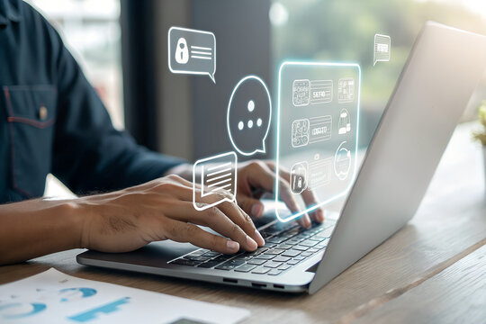 Ai, Artificial intelligence, Man uses laptop to access artificial intelligence tools for content Creation, Chatbots, Image generation, Coding, Translation, and Digital advertising solutions