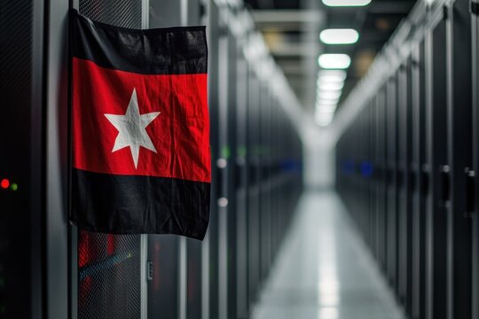 Flag of Papua New Guinea displayed prominently in a modern server room with rows of server racks, flag of papua new guinea over server room - Powered by Adobe