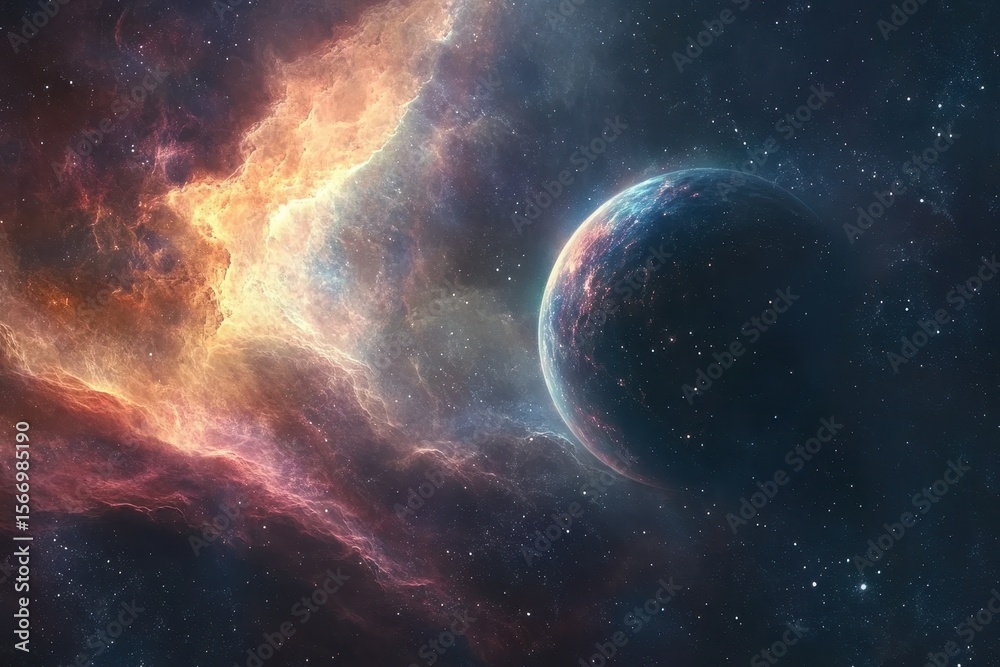 Wall mural vibrant closeup view of a nebula with celestial body in outer space showcasing a stunning cosmic lan