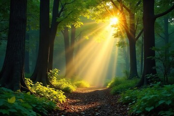 Sunbeams pierce the dense canopy of a lush forest, illuminating a path dappled with light and shadow Golden rays create a magical atmosphere amongst the trees and undergrowth , magical, sun, texture