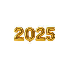 Golden metallic number balloons forming “2025” for new year celebration or future event theme