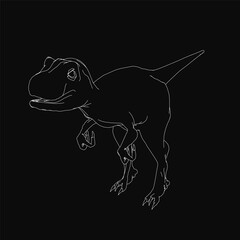 A fierce T-Rex stands in a bold black and white line drawing, showcasing sharp teeth and powerful legs. The detailed illustration highlights the dinosaur's iconic silhouette against a dark background.
