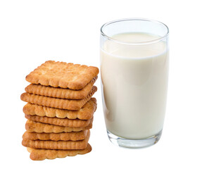 Stack of crispy square biscuits with a glass of milk on white background for breakfast snack
