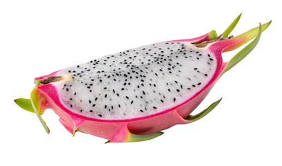 Closeup of a vibrant sliced dragon fruit with white flesh and tiny black seeds visible against white