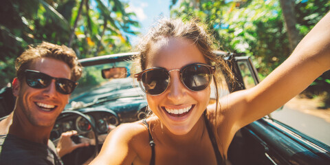 A vibrant image of two happy individuals enjoying a convertible car ride with arms raised, surrounded by palm trees and blue skies, perfect for themes of summer, road trips, freedom, and vacation