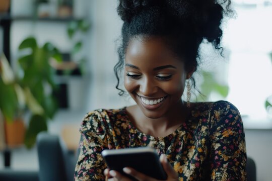 Woman smiling while typing on smartphone in a cozy indoor environment, Close-up view of smiling sporty woman looking at the camera at home