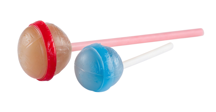 Two colorful lollipops with sticks isolated on white background closeup image of sweet treats duo