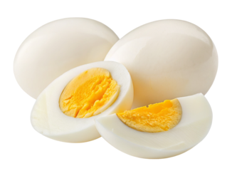 Three whole boiled eggs and a sliced egg with yellow yolk on a plain white background view
