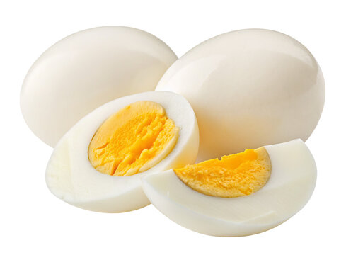 Three whole boiled eggs and a sliced egg with yellow yolk on a plain white background view