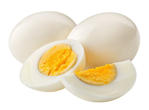Three whole boiled eggs and a sliced egg with yellow yolk on a plain white background view