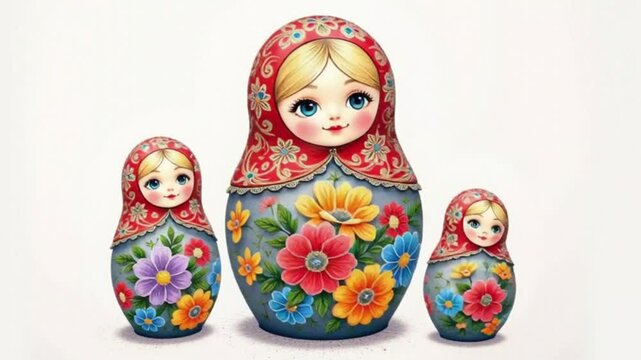 Traditional Russian matryoshka dolls with floral designs and colors  