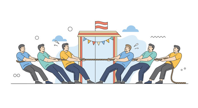 Team members engage in a competitive tug of war competition during a summer festival celebration showcasing their strength and unity in a fun outdoor activity