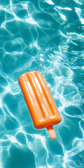An inflatable orange popsicle floating in the water on a summer day, poolside, with a blue and white background