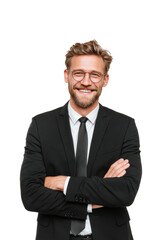 Confident business professional smiling in suit portrait positivity isolated on transparent background