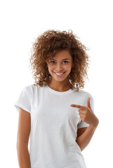 Cheerful young woman pointing portrait isolated on transparent background