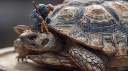 Tiny figure works on giant turtle