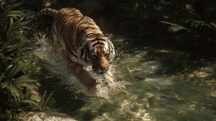 Tiger running through shallow water