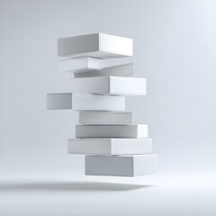 Floating stack of minimalist cosmetic boxes arranged diagonally in mid-air over smooth white canvas background