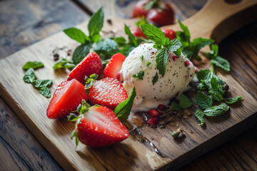 Vanilla ice cream scoop with fresh strawberries and mint garnish on a rustic wooden table