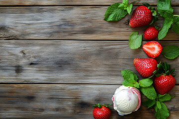 Vanilla ice cream scoop with fresh strawberries and mint garnish on a rustic wooden table