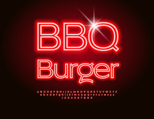 Vector Glowing flyer BBQ Burger. Red Neon Font. Led Light Alphabet Letters and Numbers. 