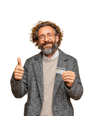 Man celebrating success with credit card portrait joy isolated on transparent background