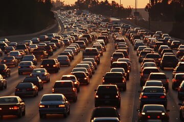 Obraz premium Morning traffic flows into Los Angeles during rush hour with golden light illuminating vehicles, Time Lapse of morning traffic heading into Los Angeles on the 110 Freeway