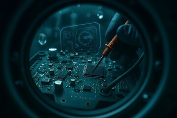 Point-of-view shot through submersible access panel showing intricate electronics. Water droplet refraction on circuits, cinematic depth effects, marine-grade components. Underwater drone technical de