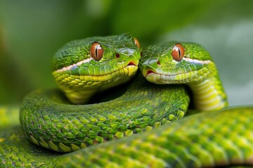 Obraz premium Close up of vibrant green pit viper leisurely resting on foliage in its natural habitat, Close up of pit viper moving slowly while laying on another viper