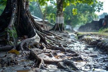 Uneven walkway shaped by ancient tree roots high resolution picture