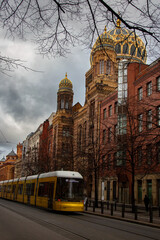 Yellow Tram Passing by the New Synagogue, Berlin, Germany