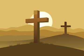 3d render of two rustic wooden crosses on a misty