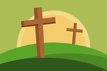 3d rendering of two wooden crosses standing on gra © Madha
