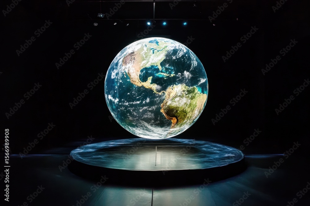 Poster Futuristic globe display showcases Earth in a captivating performance setting with vibrant visuals, earth globe in a futuristic performance