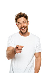 Smiling man engaging audience portrait joyful concept isolated on transparent background