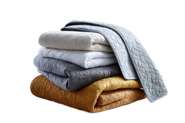 Isolated on transparent background, stack of quilted blankets in earthy and muted tones, perfect for home decor, bedding collections, and cozy lifestyle themes.