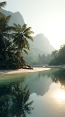 Tranquil tropical landscape with calm water palm trees and mountains