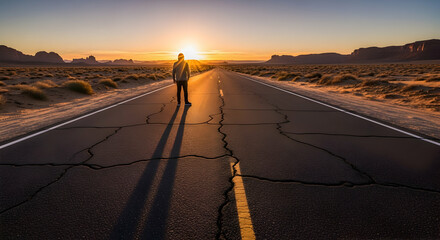 Person standing alone on desert road at sunrise