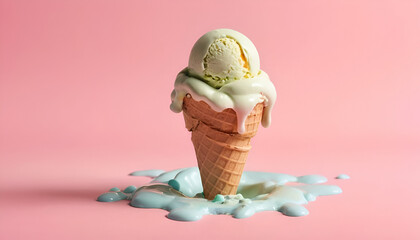 Close-up of a melting ice cream cone placed on a pastel-colored background. The creamy texture, soft shadows, and dripping detail evoke a sense of summer heat, urgency, and indulgence.