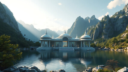  Serene Futuristic Retreat or Temple Structure with Glowing Interiors Situated on a Lakeside Island Amidst Majestic Mountains at Dusk