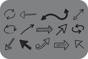 Collection of diverse hand drawn black arrows and circular arrows indicating direction movement progress and repetition on a gray background