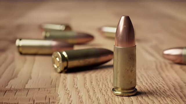 Bullet Standing Still on Wooden Surface with Others Scattered Around