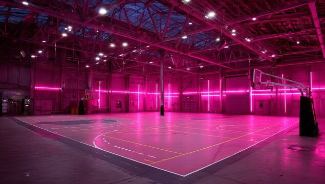 A large black and gray warehouse with pink neon lights, an empty basketball court in the center of the frame. The camera is facing up at eye level, in high resolution