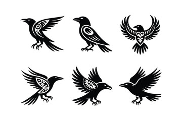 Obraz premium Tribal Ravens Flying and Perched in Various Poses crow bird