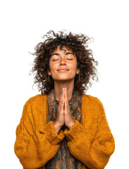 Woman expressing gratitude portrait isolated on transparent background