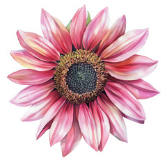 A watercolor pink sunflower isolated on a transparent background
