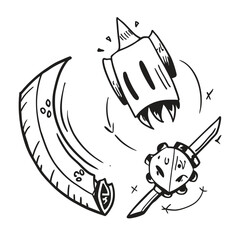 A cute, funny, hand-drawn vector illustration of a happy cartoon fish with an arrow, perfect for a comic food design or Halloween art