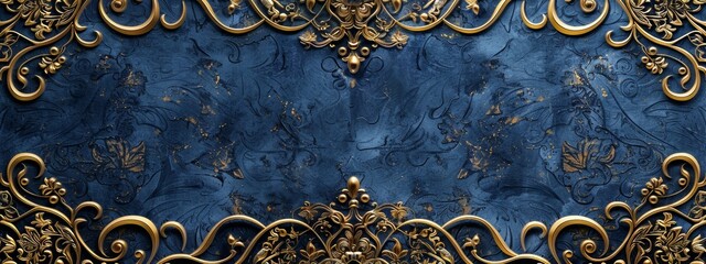 Elegant vintage gold baroque frame with intricate floral ornamentation on a rich, dark blue textured background for a luxurious classic design