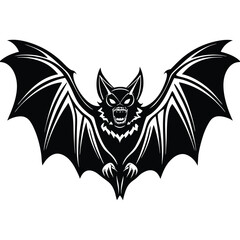 Flying cartoon bat animal illustrations with spread wings, a funny black silhouette symbol for Halloween horror designs